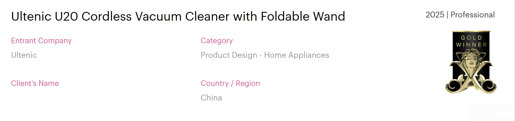 Ultenic U20: premiada con Muse Design Award